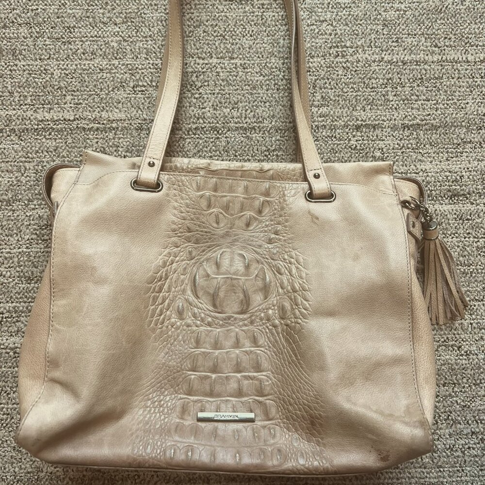 Brahmin Medium Emily Tan Croc Zip-Top Tote Shoulder Bag